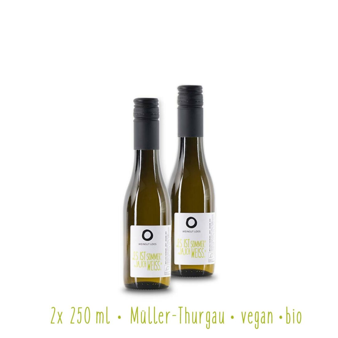 Zwei Weinflaschen "Es ist Sommer." "Ja, ich weiß.." Müller-Thurgau vom Weingut Loos.